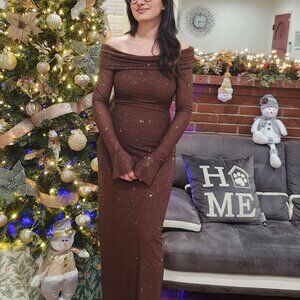 Marcel Off Shoulder Diamante Maxi Dress - Chocolate